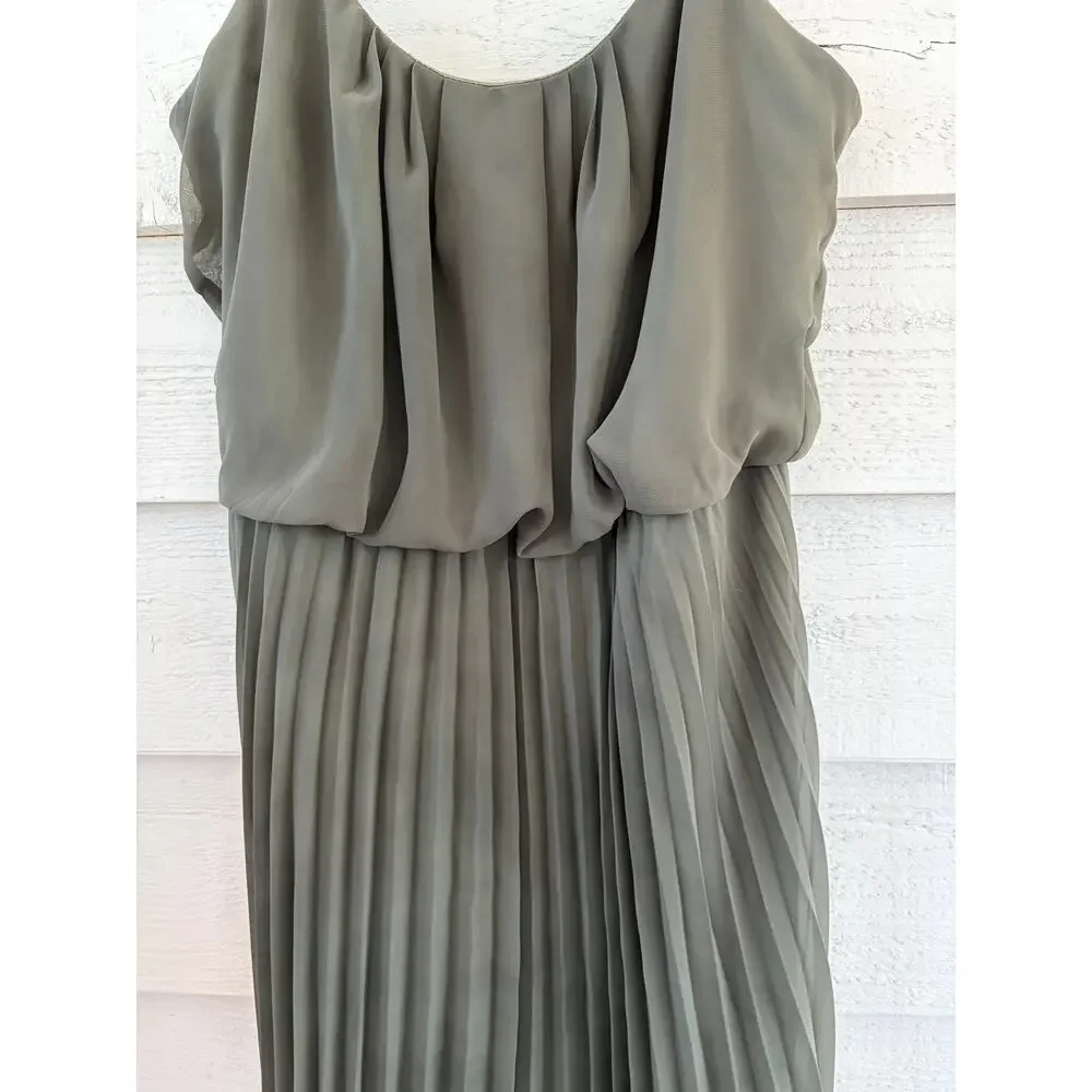 Bisou Bisou Olive Green Pleated Chiffon Dress Spaghetti Strap Size 6 - Picture 3 of 5